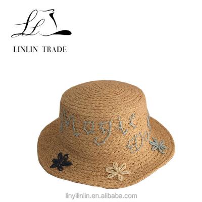 China Comfortable natural simple raffia braid hat straw baby hat embroidery decoration for summer beach hat for sale