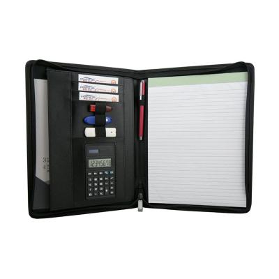 China Custom durable A4 size PU business black padfolio leather folder with calculator document bag for sale