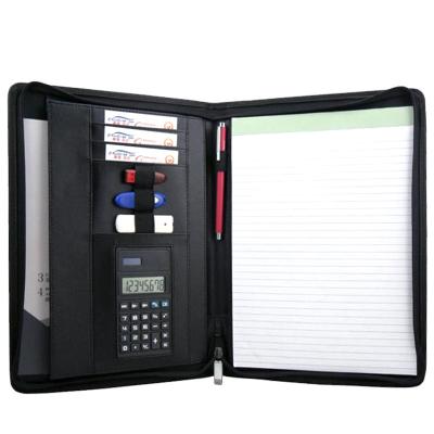 China ModernQiu Durable Custom Zippered Black PU Leather Business Professional Folder With Calculator Document Bag for sale