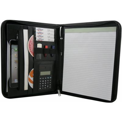 China ModernQiu Eco-Friendly Handmade Leather Professional Zippered Padfolio With Calculator for sale