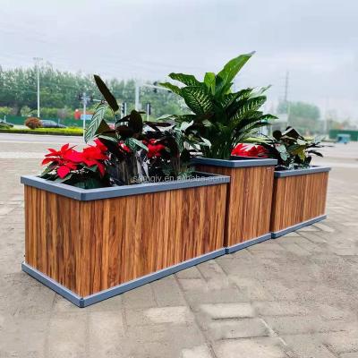 China Manufacturer Sales Wooden Grain Pattern Waterproof Flower Boxes Public Garden Decorative Aluminum Pots for sale