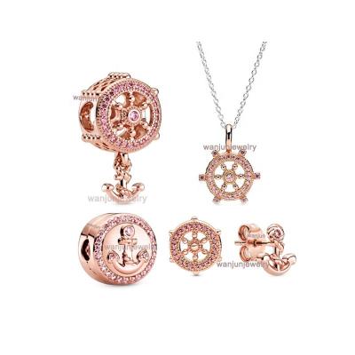 China Original cute wanjun logo 1:1 new in pink gold bar and wheel, anchor charm clip stud-earrings necklace fit diy bracelet for sale