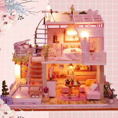 China Cartoon Toy Beautiful Pink Dollhouse DIY Wooden Miniature House Toys Barbie Home with Pool and Furniture for Friend and Daughter for sale