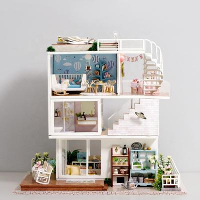 China DIY Wooden Toy Large 4 Floor Statistical Institute Architecture Dollhouse Cartoon Miniature House Building DIY Model For Gifts for sale