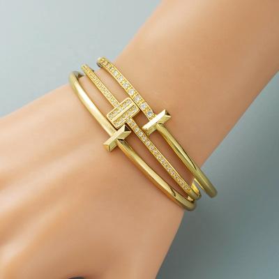 China High Quality Fashion Personalized Geometric Diamond Bracelet Gold Geometric T-shaped Women Copper-plated Stainless Steel 18K Gold Zircon Bracelet for sale