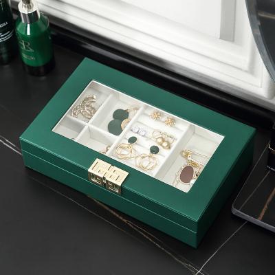 China Waterproof and Easy to Carry High Quality PU Green Leather Jewelry Storage Organizer Box with Clear Cover Display for Jewelry for sale