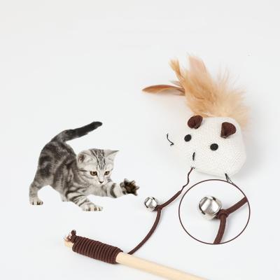 China Viable Natural Pet Cat Teaser Interactive Feather Stick Plush Wooden Mouse Toys Wooden Magic Wand Cat Feather Toy Cats Riddle Stick for sale