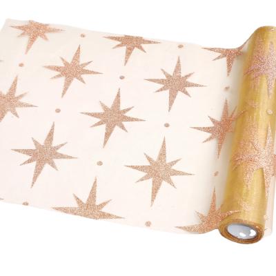 China Whole Sale Christmas Organza Disposable Table Runner With Big Shiny Glitter Stars for sale