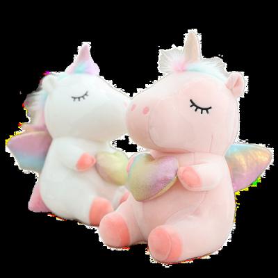 China New Design 25cm Eco-friendly Rainbow Wing And Heart Pink Soft White Unicorn Stuffed Animal Plush Pillow Toy for sale