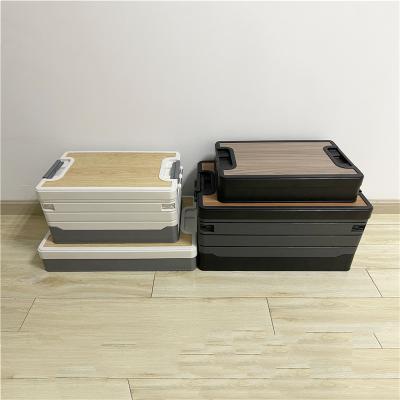 China 35L 65L Collapsible Collapsible Storage Box With Wooden Lids Large Bin Plastic Stackable Folding Bin Boxes for sale