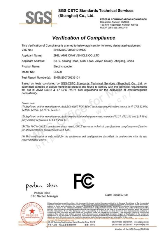 FCC - Zhejiang Okai Vehicle Co., Ltd.