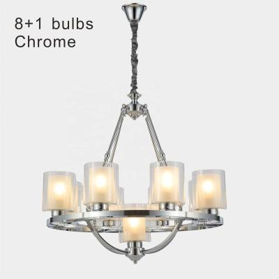 China Modern Chandelier 8+1-Chrome Light Glass Farmhouse Lighting Island Hotel Lobby Living Room Light Fixtures Hanging Chandelier 9 Bulbs for sale