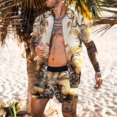 China Custom Made Breathable Streetwear Casual Summer Beach Two Piece Printed Shirt And Short Sets For Men for sale