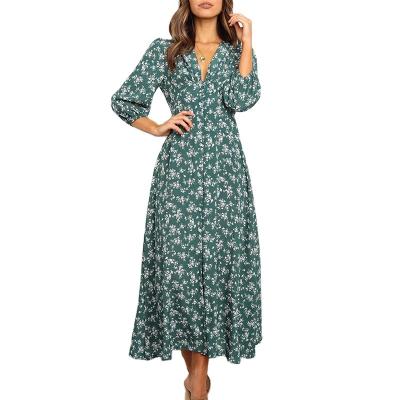 China Women Anti-static Summer Long Sleeve Chiffon Print Dress Casual Cute Women Floral Bowknot Long Dresses for sale