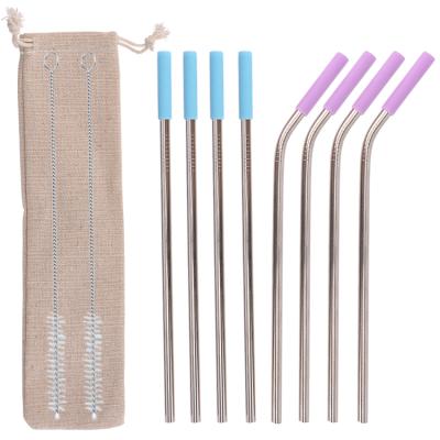 China Disposable Portable Steel Purple Key Chain Bend Up Metal Sugar Stainless Straw With Brush for sale