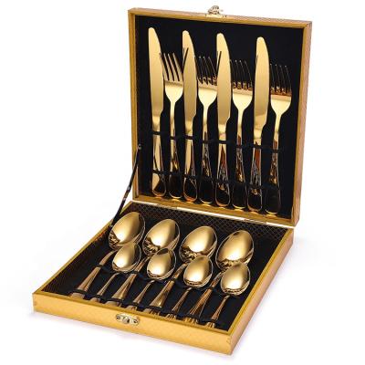 China Sustainable Wedding 16pcs Stainless Steel Steak Knife Hotel Eco Friendly Titanium Gold Cutlery Set for sale