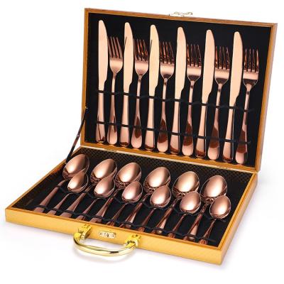 China Viable High Quality Titanium Coating Rose Gold Wedding Gift Wooden Box Packing Stainless Steel Flatware Set for sale