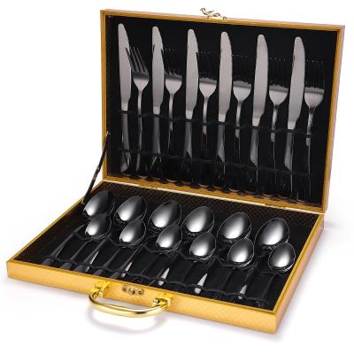 China Sustainable Packaging With Wooden Gift Box For Luxury Black Gold Flatware Cutlery Set Stainless Steel for sale