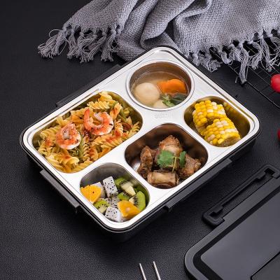 China Eco-Friendly 304 Stainless Steel Sustainable 2 Layer Square 5 Warmer Compartment With Fork And Spoon Lunch Bento Box for sale