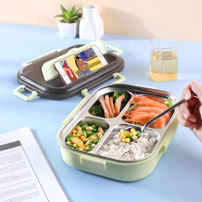 China Microwavable Reusable 1200L 4 Compartment Office School With Handle Stainless Steel Lunch Box With Cutlery for sale