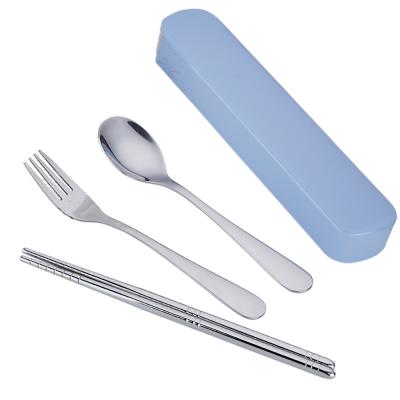 China Travel Disposable Stainless Steel Cutlery Set With Pocket Fork Spoon Chopstick 3pcs Portable Colorful Camping Set With Custom Logo for sale