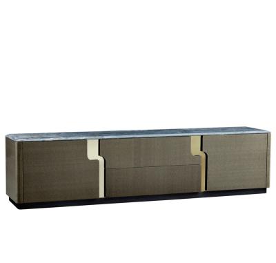 China New Assembled Luxury Modern TV Stand Wall Unit Console Table Storage Drawers Flat Edge Glass Polished Stainless Steel Frame Smooth Glossy for sale