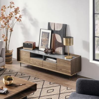 China TV Stand Assembled Floor Cabinet with Walnut Veneer on Engineered Wood with Metal Legs MDF Panel PU Finish Solid Wood Lacquer for sale