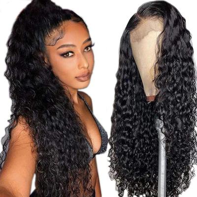 China 100% Natural Black Water Wave Brazilian Virgin Hair Wig Pre Plucked Baby Hair Knots 4x4 Hd Lace Closure Undetectable Wig for sale