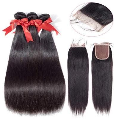 China Silky Straight Wave Brazilian Hair Straight 3 Bundles With Lace Closure Set Strong Weft Bundles With 4X4 Swiss Closure For Black Women for sale