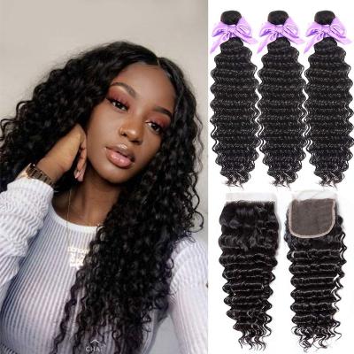 China Deep Wave Virgin Brazilian Hair Deep Wave Bundles With Closure Weave Curly Bundles With 4x4 Lace Up Closure 100% Unprocessed Hair for sale