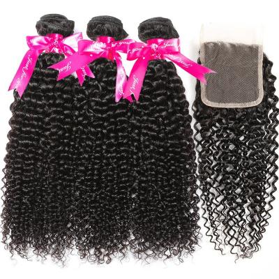 China Real Curly 10A Kinky Curly Weave Hair Bundles With Closure 12a Bundle 100% Brazilian Curly Unprocessed Hair 3 Bundles With Closure for sale