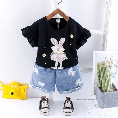 China New BO01 Summer Girls Toddler Jeans Casual Denim Shorts Ruffle Sleeve Shirt Soft Shorts Pants Two Piece Sets for sale