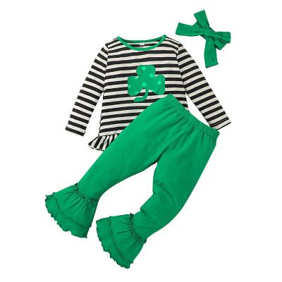 China 11837A Casual 2022 Spring St. Patrick's Day Kids Striped Top + Girls Kids Clothing Long Sleeve Bell Based Pants 2 Piece Set for sale