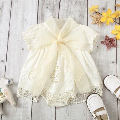 China 100% Cotton 7017 New Summer Bowknot Baby Romper Dress Lace Sleeve Babies Lace Up Romper for sale