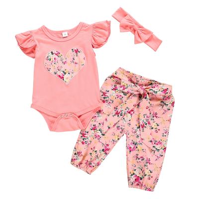 China 1573 Breathable Baby Valentine's Wear Heart Pattern Tops Floral Pants Headband 3 Piece Set for sale