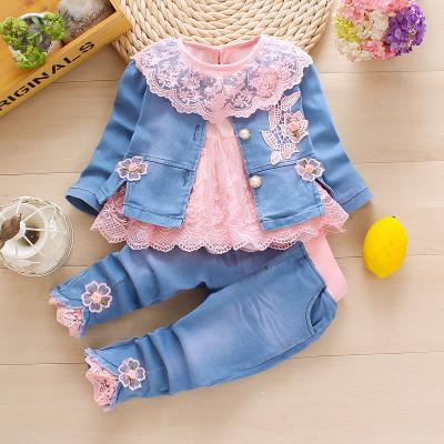 China Wholesale Stylish Floral Lace Breathable 3 Piece Cotton Jeans 3 Year Old Babies Newborn Clothes Set for sale