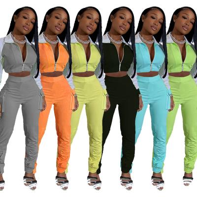 China Anti-pilling 167 2021 2 Pcs Casual Teams Clothing Printing Crop Tops Long Pants Spring Jogging Tracksuit Women Two Piece Set for sale