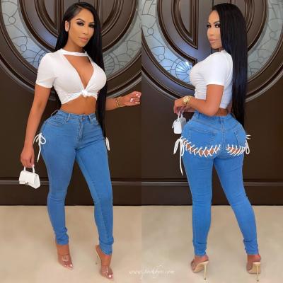 China breathable 989 high waisted lace up jeans stretch plus size jeans ladies denim solid color jeans custom blue skinny pants for women for sale