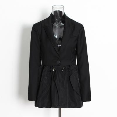 China Anti-wrinkle women blazers ladies sheath long casual black coat belted slim waist office jacket dresses for sale