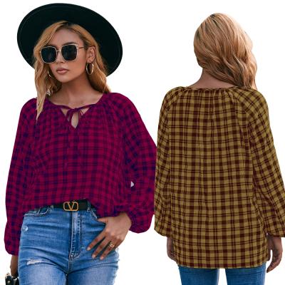 China Anti-pilling 2022 Wholesale Red Checked Plaid Nets Cotton Casual Long Sleeves Long Sleeve Shirts For Women Tops for sale