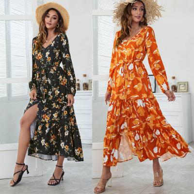 China Anti-static Deep V-Neck Dress Anti-Static Deep V-Neck Long Sleeve Casual Dresses Tie Waist Sleeve Boho Boho Skirt Elegant Floral Print Dress for sale