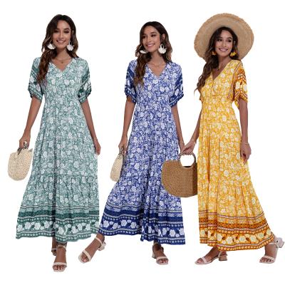 China 2022 Anti-Static Hot Sale Fashion Summer Amazon Bohemian Casual Dresses Printed High-Waisted Tall Length Dress for sale