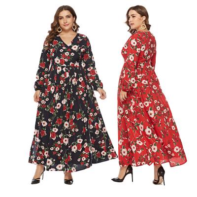 China Plus Size Womens Loose Casual Dresses Black Red Floral V Neck Long Sleeve Bohemian Dress for sale