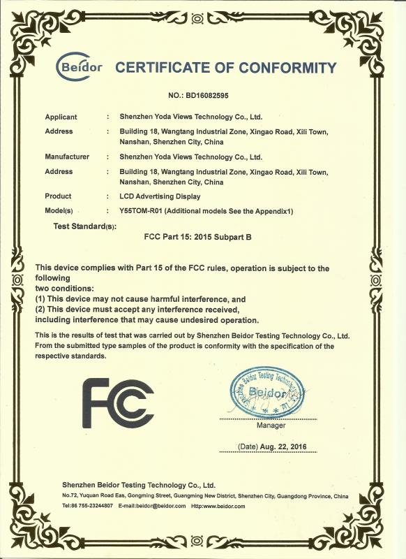 FCC Certificate - Shenzhen Yoda Views Technology Co., Ltd