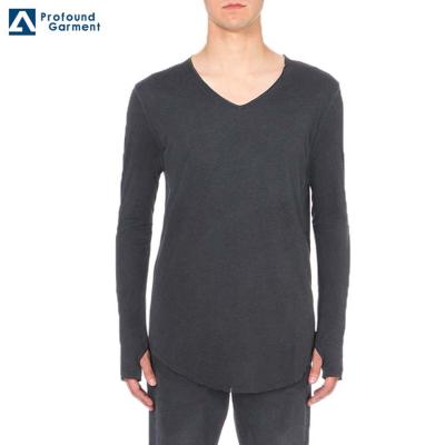 China Latest Design Anti-Pilling V-Neck Ringer High Quality Simple T-Shirt Long Sleeves T Shirt In Black for sale