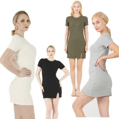 China Anti-Static Women's Casual Rib Short Sleeve Summer Round Neck Fitted Mini Black Bodycon Mini Knit Pencil White T-shirt Dresses en venta