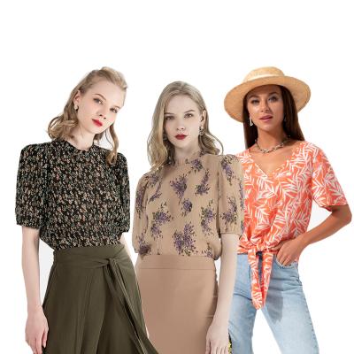 China Women's Anti-Shrink Pleated Casual Elegant Chiffon Tops Shirt Blouse Women Polyester Shorts Ladies Sleeve en venta