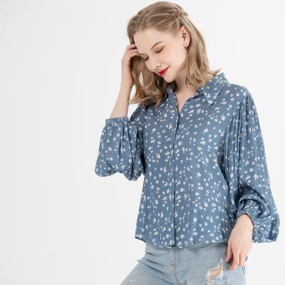 China Women's anti-pilling fashionable ladies' long spring lantern turn down collar button down shift tops blouse for sale