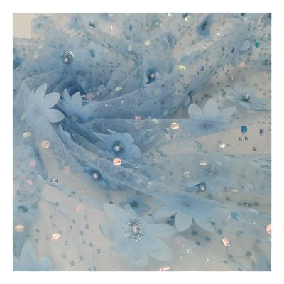 China Breathable Elegant Lace Fabric Double Color Blue 3D Flowers Polychromatic Sequin Bead Embroidery Wedding Party Dress Kids Puffy Dress Veil for sale