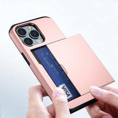 China Hot Selling Shockproof Sliding Protective Cover Card Wallet Phone Case For iPhone Card Holder Phone Case For iPhone 13 14pro Max for sale